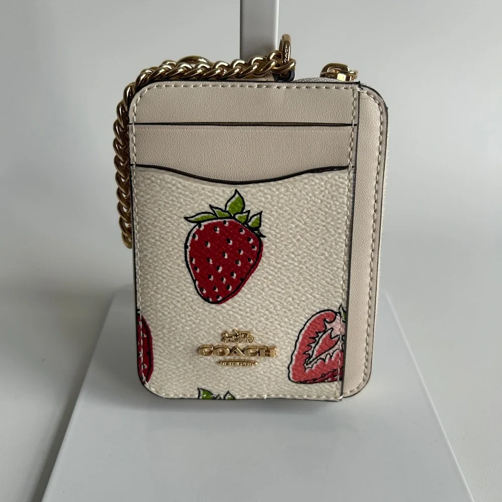 Coach Zip Card Case Strawberry Print Chalk Multi Canvas Wallet CAR32